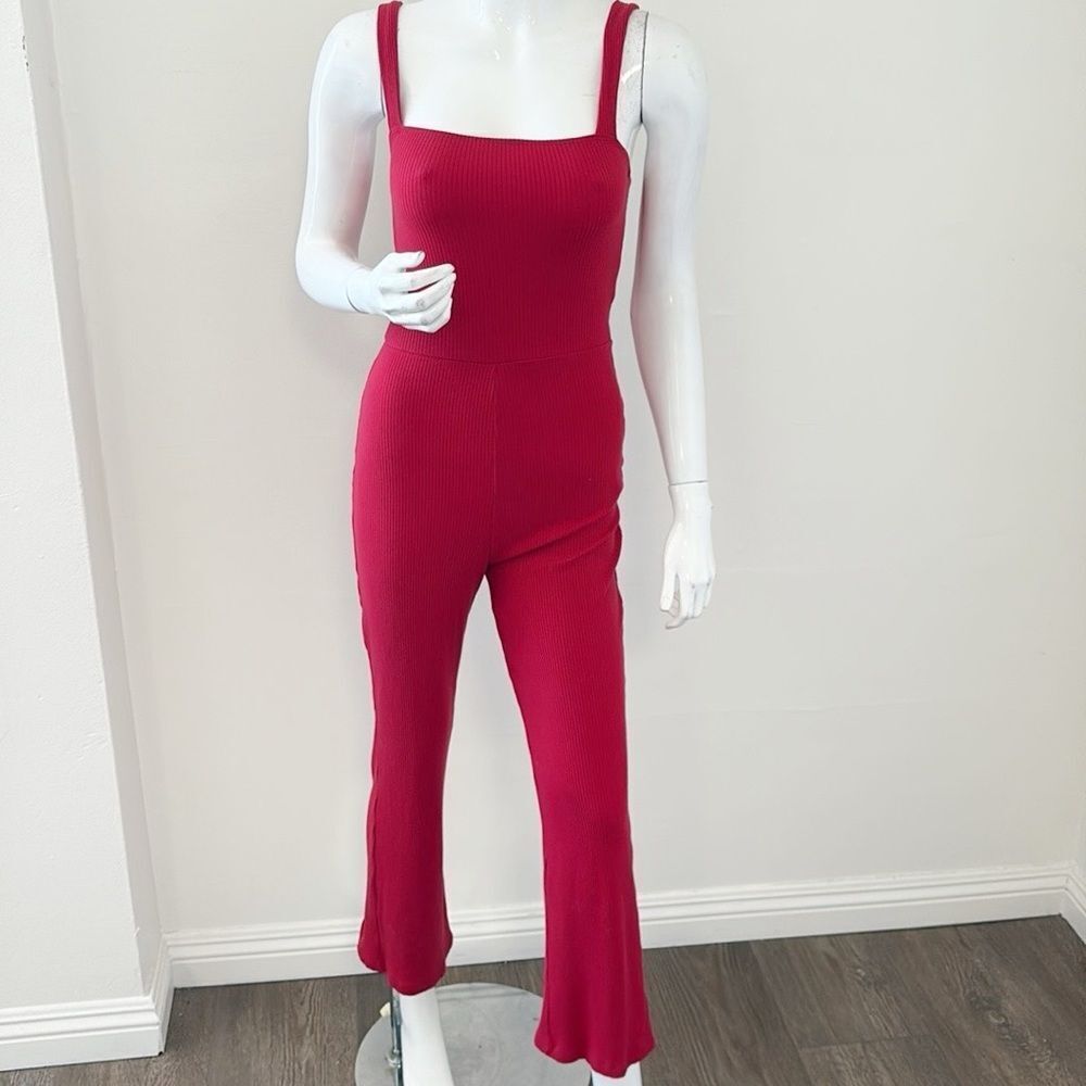 Reformation Essie Cherry Red Ribbed Flared Leg Tank Top Jumpsuit